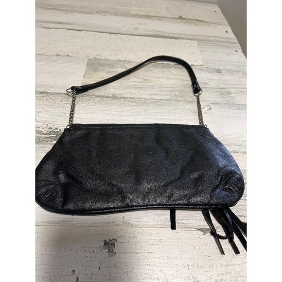 Woman’s black genuine leather small purse with partial chain handle and tassels - Picture 2 of 6